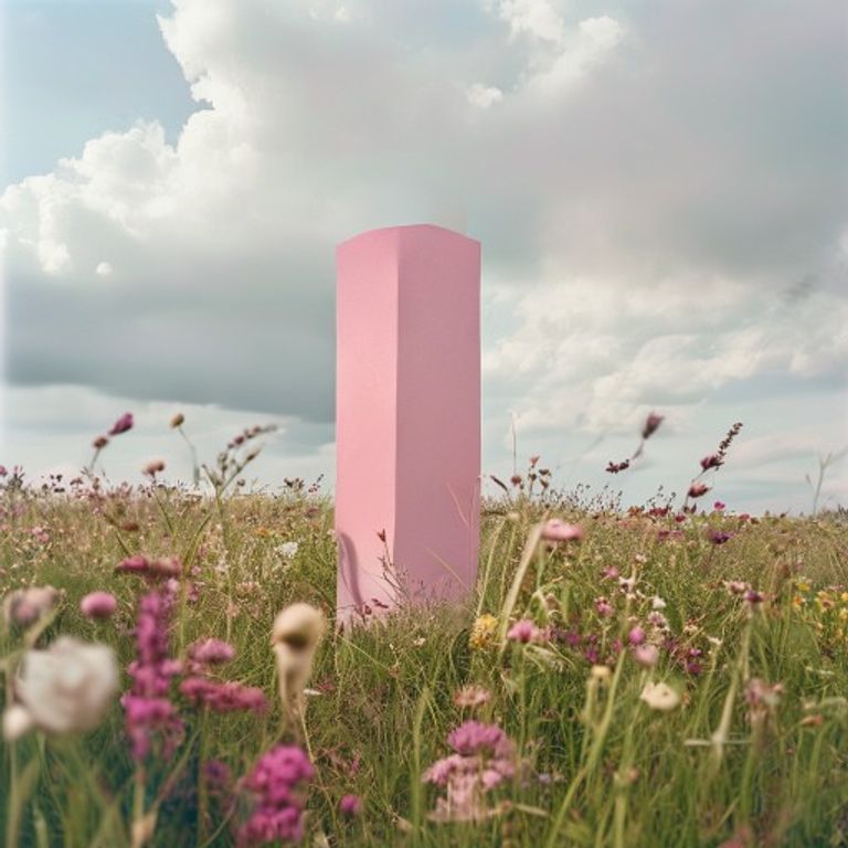 Pink sculptural pillar in meadow