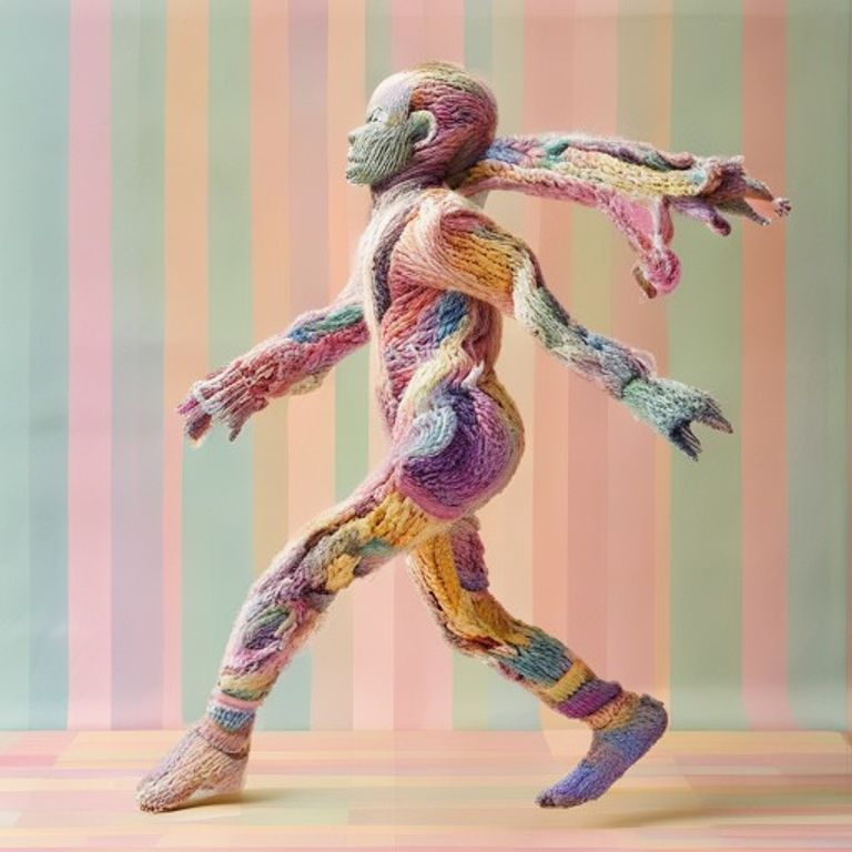 Knitted figure on striped background
